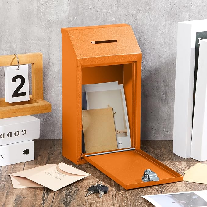 Yaocom Metal Money Box,Orange,10.24 x 5.71 x 2.95 Inch,No Lid | Wall Mounted Drop Donation Cash Box for Farm Stand Collection Safe Suggestion Box with Lock Container for Home Office Outdoor