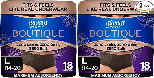 Always Discreet Boutique Incontinence and Postpartum Underwear for Women, Maximum Protection, Large, Black, 18 Count (Pack of 2)