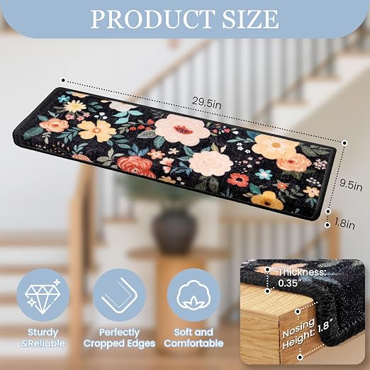 RORA Bullnose Stair Treads for Wooden Steps, Non Slip Stair Carpet 14pcs | Washable, Self-Adhesive, Floral Stair Rug Runner with Edge Protection for Indoor, Pets & Elder, 29.5 x 9.5x 1.7, Black