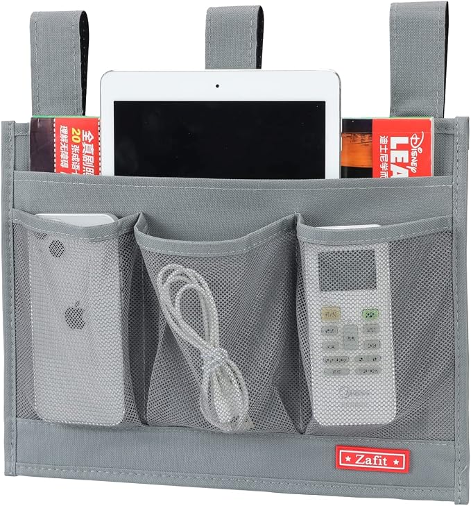 Zafit Hanging Bedside Caddy, Bedside Storage Organizer for Magazine, Phone, Remote control (Classic 4 Pockets-Grey)