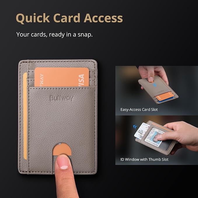 Buffway Slim Minimalist Front Pocket RFID Blocking Leather Wallets for Men and Women - Lichee Khaki