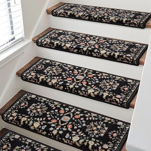 RORA Bullnose Stair Treads for Wooden Steps, Non Slip Stair Carpet 14pcs | Washable, Self-Adhesive, Floral Stair Rug Runner with Edge Protection for Indoor, Pets & Elder, 29.5 x 9.5x 1.7, Black