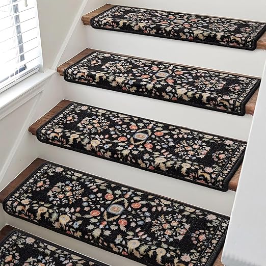 RORA Bullnose Stair Treads for Wooden Steps, Non Slip Stair Carpet 2pcs | Washable, Self-Adhesive, Floral Stair Rug Runner with Edge Protection for Indoor, Pets & Elder, 29.5 x 9.5x 1.7, Black