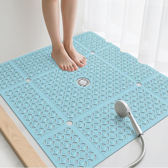 Yolife Square Shower Mat, 27" x 27" Shower Mat with Drain Hole in Middle, Soft TPE Extra Large Non Slip Shower Mats for Inside Shower, Anti Slip Washable Shower Floor Mat with Suction Cups, Blue