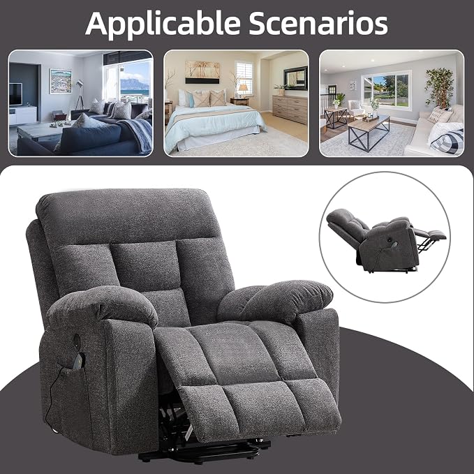 Large Power Lift Recliner Chair with Massage and Heat for Elderly Big and Tall People, Overstuffed Wide Recliners with 2 Cup Holders, Side Pocket and USB Port, Dark Grey