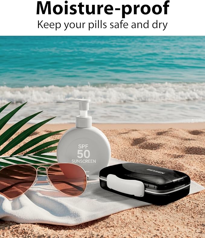 Travel Pill Organizer - Airtight Medicine Case for Traveling Portable Pharmacy Box with Labels Vitamin Container 8 Compartment Supplement Medication Holder Large Capacity Daily (Black)