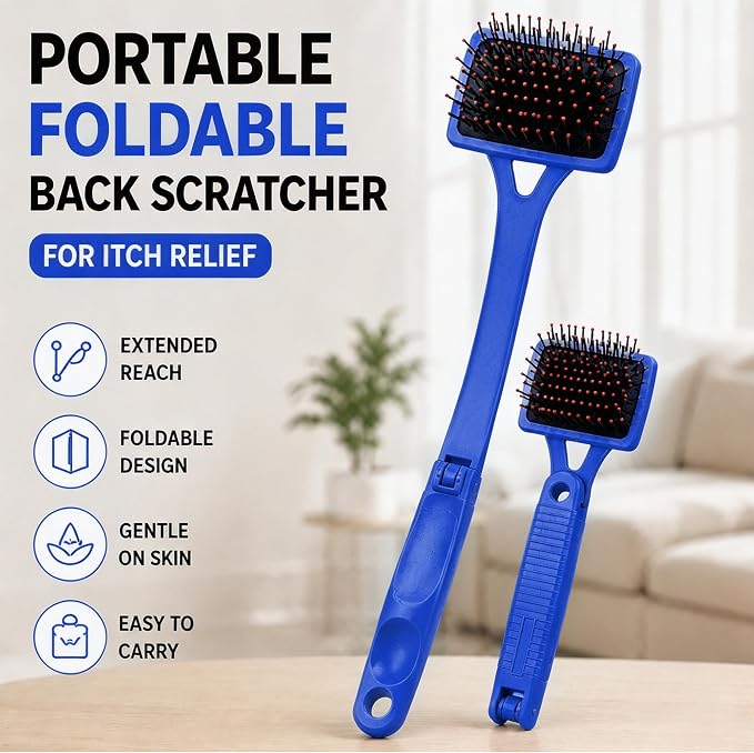 Back Scratcher Extendable Blue Folding Handle for Men Women | Long reach folding handle with soft bristles for back shoulders legs and everyday personal care use at home or travel