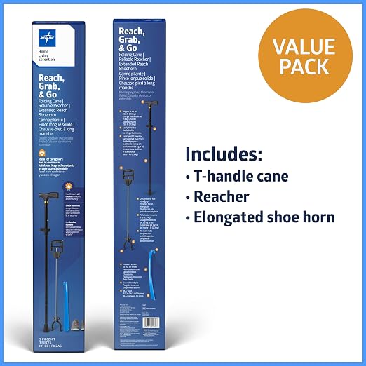 Medline Multi-Tool Mobility Kit for Caregivers, Seniors and Adults: Cane, Reacher, Shoe Horn for Elderly, Seniors, Adult, Women, Men - 1 Ct.