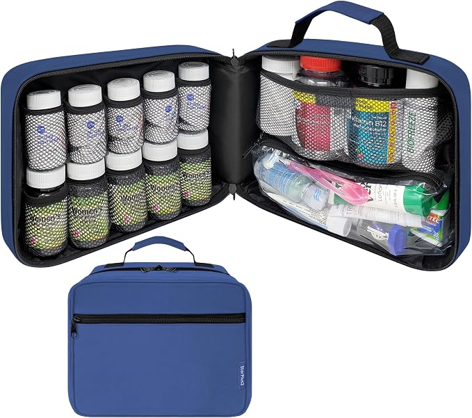 Large Medicine Organizer Bag – 10 Pocket Pill Bottle Organizer for Travel & Home Storage, Blue