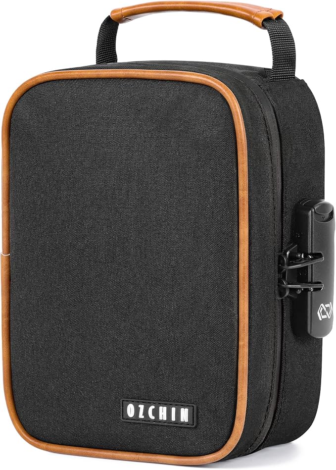 OZCHIN Smell Proof Bag with Combination Lock File Organizer Case Container Medicine Odorless Storage Lock Box Great Gift for Friend (Dark Brown, M)