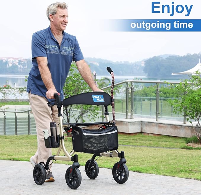 WALK MATE Rollator Walker for Seniors with Cup Holder, Upgraded Thumb Press Button for Height Adjustment, 4 x 8 Wheels Walker with Seat Padded Backrest Folding Lightweight Walking Aid, Gold