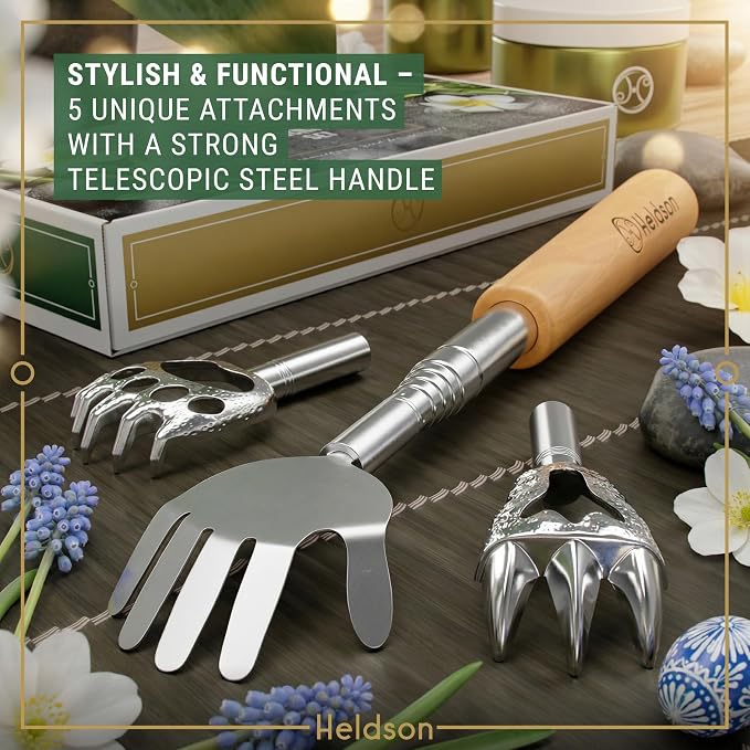 Extendable Back Scratcher for Men & Women – Bear Claw, 5 Heads | Dermatest "excellent", extends up to 29 inches, stainless steel with wooden handle, 5 scratching heads, incl. reflex chart