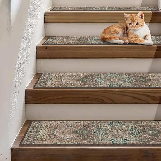 sarben 8"x30" Non Slip Stair Treads for Wooden Steps 15 Pack, Rosewood | Peel and Stick Carpet Stair Runner with TPE Adhesive Backing, Carpet for Added Safety, Pet and Senior Friendly