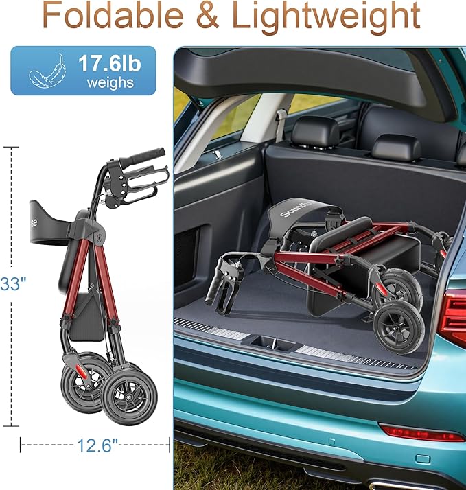 Rollator Walkers for Seniors with Seat, Foldable Lightweight Rolling Walker with 8" Big PU Wheels, Ergonomic Seat, Dual Height Adjustment