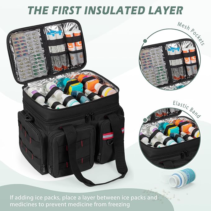 Marscamd Medicine Organizer Bag with Insulated Pocket, Black (Bag Only) | Pill Bottle Storage Bag with 4 Customized Dividers & Shoulder Strap for Medication, Insulin and First Aid Supplies