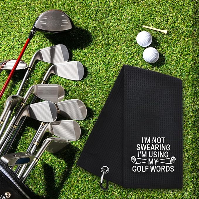 Hafhue I'm Not Swearing I'm Using My Golf Words Embroidered Golf Towel, Golfer Accessory Gifts for Men Women Dad Mom Uncle Auntie Grandfather, Humorous Golfer Gifts for Men Dad Uncle Grandfather