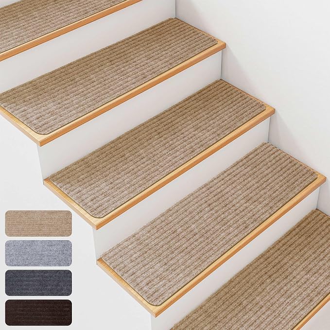 15 PCS Non Slip Stair Treads for Wooden Steps – 8"x30" Indoor Non Slip Stair Treads, Carpet Stair Mats with Self-Adhesive Backing, Removable & Machine Washable – Beige