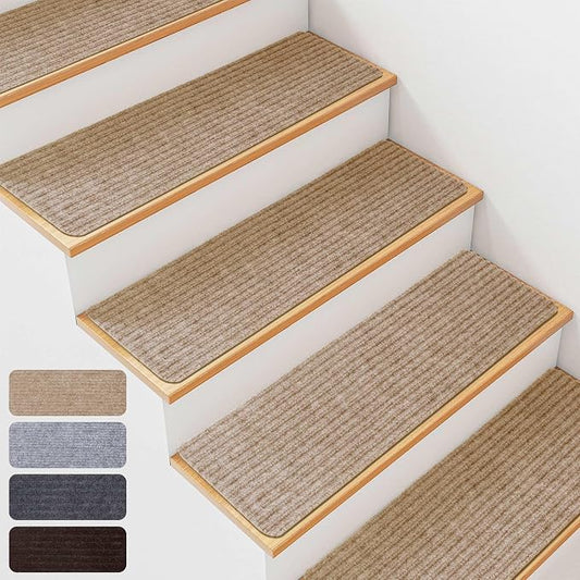 15 PCS Non Slip Stair Treads for Wooden Steps – 8"x30" Indoor Non Slip Stair Treads, Carpet Stair Mats with Self-Adhesive Backing, Removable & Machine Washable – Beige