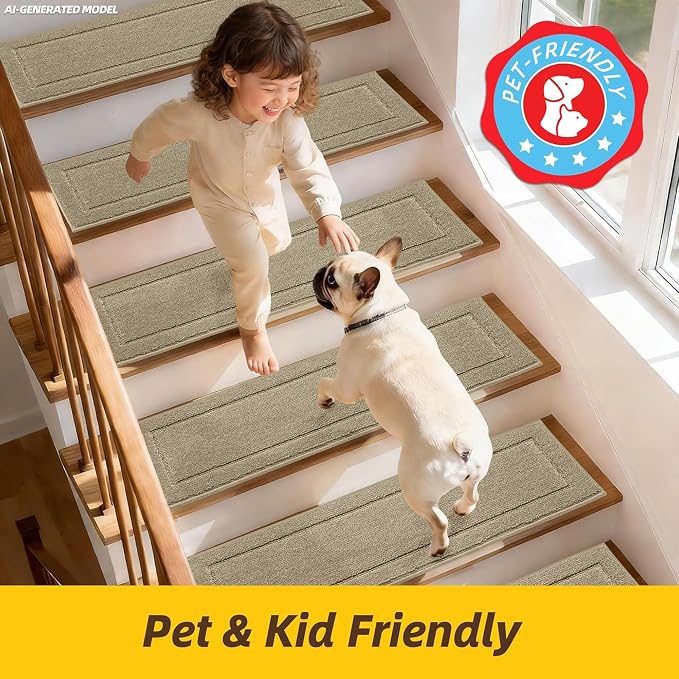 JSEI Stair Treads for Wooden Steps Indoor, 15-Pack, 30" x 8", Beige | Non Slip Stair Treads, Washable Polyester Stair Mats with TPE Backing, Low Profile Stair Rugs for Kids, Seniors and Dogs