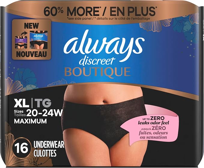 Always Discreet Boutique Incontinence and Postpartum Underwear for Women, Maximum Protection, Extra Large, Black, 16 Count (Pack of 4)