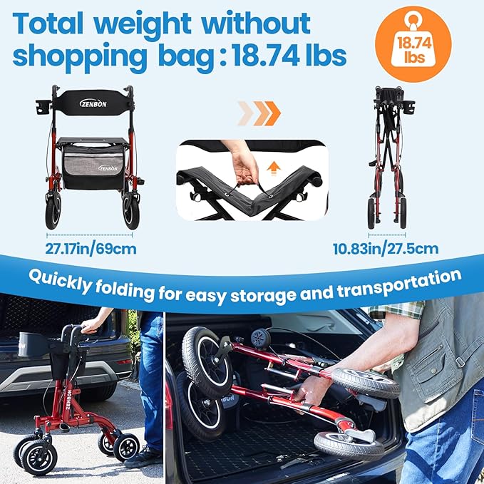 Rollator Walker for Seniors/Adults Foldable Rolling Walker with Seat 330 lbs Capacity 10 inch Wheels Hand Grips Adjustable Height Lightweight Durable Aluminum Walker Removable Back Support 7210(Red)