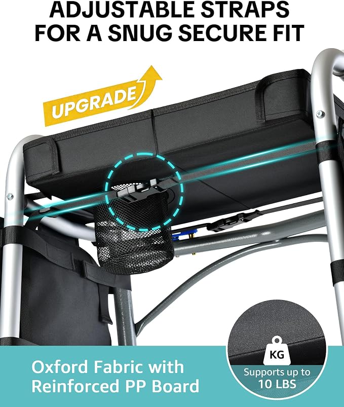 Walker Tray for Folding Walker, Side Pockets & Cup Holder | Fits 17–19" Folding Walkers with Side Bars, Easy Install, Adjustable Straps, Spill-Resistant Surface, Lightweight for Seniors