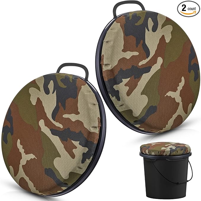 Lewtemi 2 Pcs 5 Gallon Bucket Seats 360 Degree Swivel Bucket Seat Lid Green Camo Padded Cushion Waterproof Cover for Dove Duck Hunting Fishing Baseball Softball Gardening Camping Outdoor Gear