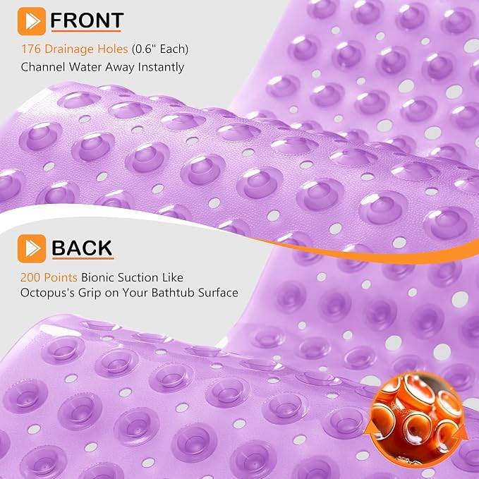 Yimobra Non Slip Bathtub Mat 40 x 16 Inch, Extra Long Shower Mat with Drain Holes, Machine Washable Baby Bath Mats, Strong Suction Cups for Bathroom Floor, Clear Purple