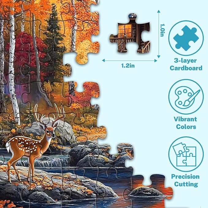 500 Piece Puzzle for Adults, Autumn Fall Landscape Jigsaw Puzzles 500 Pieces, Deer Forest Cabin River Scene, 500 Piece Puzzles for Adults, Cozy Nature Puzzle, Family Game, Home Decor Gift 20.5 x 15 in
