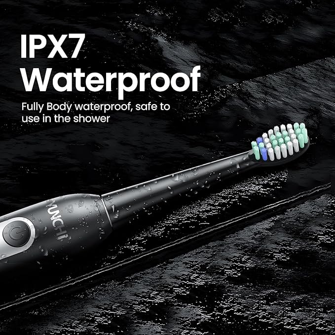 YUNCHI Electric Toothbrush Birthday/Valentine Plastic 8 Dupont Heads 24-Mo Deep Cleans Gentle Gums Removes Stains 3Hr USB-C 90d 2-Min Timer/30s IPX7 - Black
