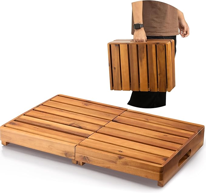 Holana 25 Inch Acacia Foldable Wooden Step Stool for Adults & Elderly & Handicap- Adjustable 3" to 6" - Heavy Duty 400lbs - Mobility Step Stool for High Beds & Outdoor Use - Wood Stepping Stool