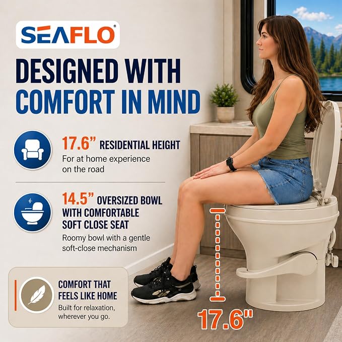 SEAFLO Bone RV Toilet, Residential Height 18.4", Gravity Flush Foot Pedal, Soft Close Seat, Camper Toilet for RV Motorhome Travel Trailer, Parchment, SFRTPH-02-01, 4-Year Warranty