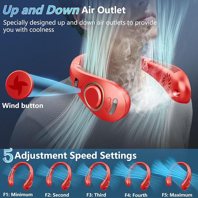 Neck Fans for Women Rechargeable-Foldaway Personal Fan with Water Mist,Wearable Hanging Fan Around Neck,Small USB Rechargeable Neck Cooler for Mother's Day Father's Day Adults Kids Birthday Gifts Red