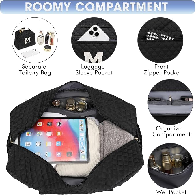 Initial Travel Duffle Bag for Women - Black Personalized Weekender bags Overnight Bag with Shoe Compartment & Wet Pocket Weekend Tote Bags with Toiletry Bag Monogram Christmas Gift (Letter M)