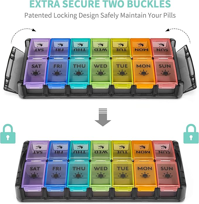 FGcase Large Pill Organizer 2 Times a Day 7 Day AM PM Pill Box Organizer with Lock, Easy Fill and Detachable Design, Travel Medicine Box for Vitamins and Pills, Black Rainbow