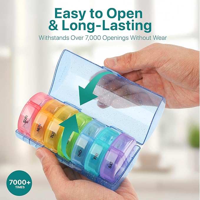 Sukuos Weekly Pill Organizer 7 Day 2 Times a Day, Large Daily Pill Box Easy to Open, Portable AM PM Pill Case for Medicine/Vitamin/Fish Oil/Supplements (Glitter Blue)