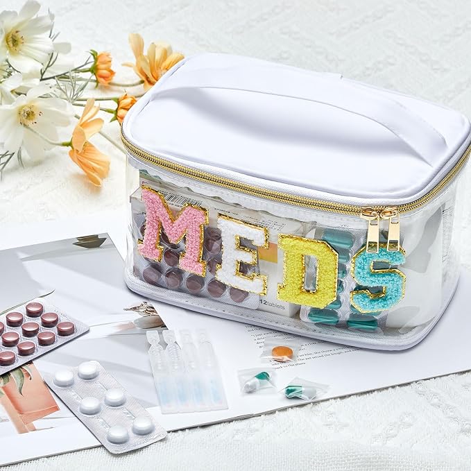 Geetery Chenille Letter Bag, Meds Bag, Travel Medicine Cases, Nylon White Makeup Portable Pouch, Cheerleader Gifts for Women(White, Meds)