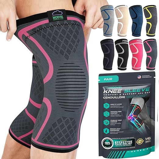 Modvel 2 Pack Knee Brace for Women & Men - Workout Knees Compression Sleeve for Knee Pain Relief Joint Support for ACL, Arthritis, Meniscus Tear Knees Brace for Sports, Rodilleras para Gym Fitness