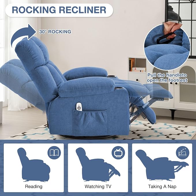 Oversized Massage Swivel Rocker Recliner Chair with Heat and Vibration Rocking Lounge Chair for Living Room Comfy Overstuffed Recliner with 4 Side Pockets,2 Cup Holders, USB Charge Port, Blue
