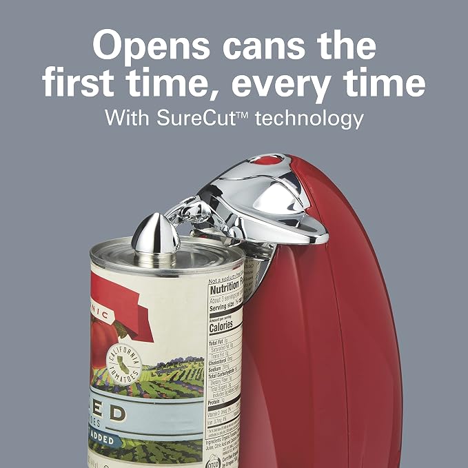 Hamilton Beach Classic Chrome Electric Can Opener with Automatic Shutoff | Patented SureCut Technology Easily Aligns Can | Knife Sharpener | Cord Storage | Extra Tall | Red | 76388J