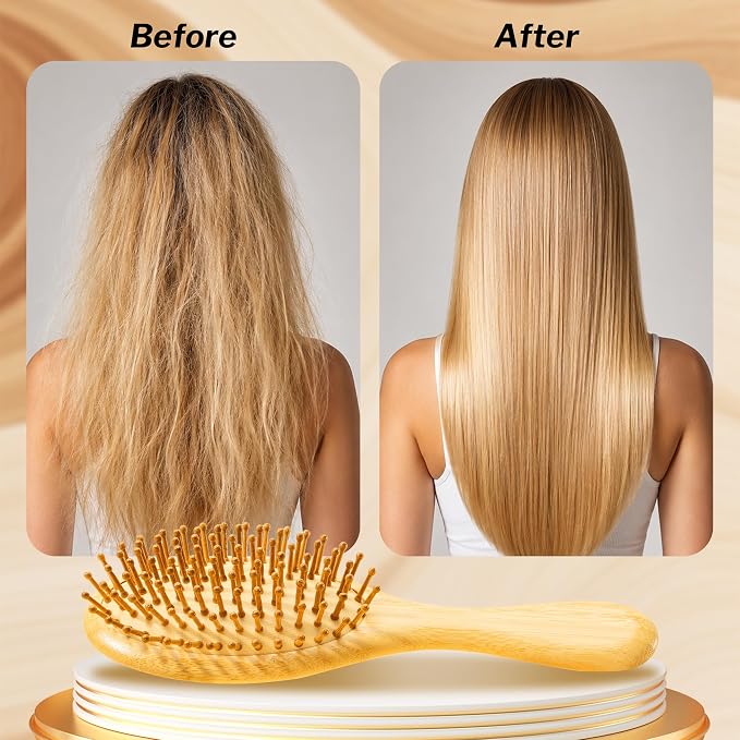 Bamboo Hair Brush for Hair Growth, Natural Bamboo Bristles Detangling Wooden Paddle Hairbrush for Massaging Scalp, for Women Men and Kids, for All Hair Types, with Ergonomic Handle (Set-3Pcs)