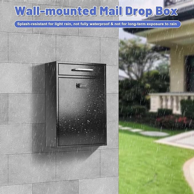 KYODOLED Wall Mount Mailbox for Outside, Combination Lock, X Large, Black | Sturdy Steel, Anti-theft Large Drop Box, Ideal for Home, Office, School Daily Mail/Key/Cash Storage, 16.2H" x 11.2L" x 4.6W"