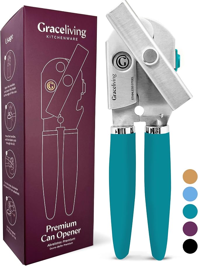 Heavy Duty Manual Can Opener with Magnetic Lid Lifter, Teal | Premium Stainless Steel Body, Sharp Cutting Blade, Oversized Easy-Turn Knob, Soft-Touch Handle, Bottle Opener, Kitchen Use