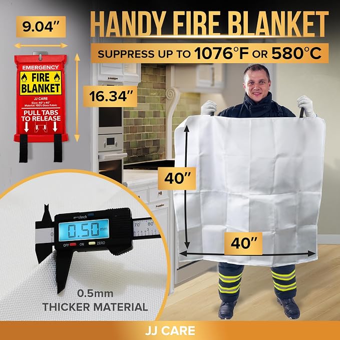 JJ CARE Fire Blanket – 14 Packs with Hooks and Gloves – 40"x40"-Emergency Fire Blanket for Home & Kitchen, High Heat Resistant Fire Suppression Blankets for Home Safety, Kitchen, and Camping