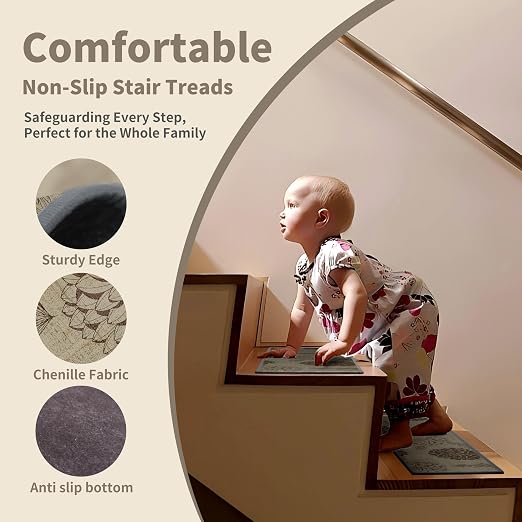 Non Slip Stair Treads for Wooden Steps, 4 Pack 8"x30" Washable Carpet | 8x30 in soft chenille polyester stair treads with reusable TPE backing for indoor wood stairs, dogs, kids, and seniors