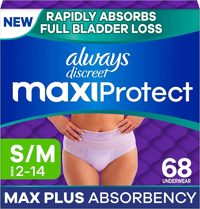Always Discreet MaxiProtect Adult Diapers for Women, Incontinence Underwear, Scented, Postpartum Essentials, Bladder Leak Protection, Disposable Briefs, Maximum Plus Absorbency, Size S/M, 68 Count