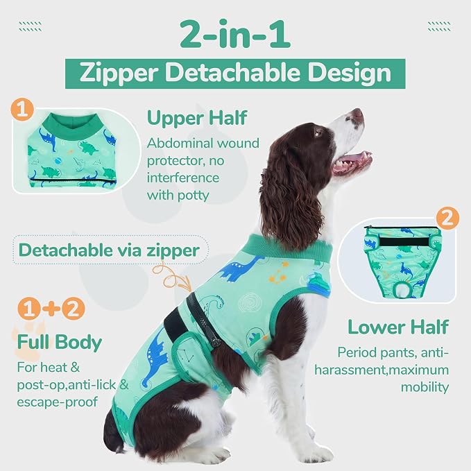 PUMYPOREITY 2-in-1 Detachable Dog Diapers, Escape-Proof Anti-Harassment Wear for Heat, Full Body Dog Onesie for Post-Surgery Recovery, Incontinence, Puppy Training & Senior Pet, L, Green