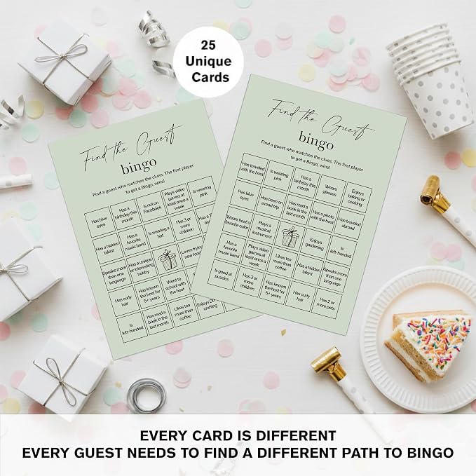 Find The Guest Bingo Cards – 25 Unique Cards, Icebreaker Party Games for Adults, Rustic Sage Green Mingle Activity for Birthday Parties, Family Reunions, Office Events & Friendsgiving
