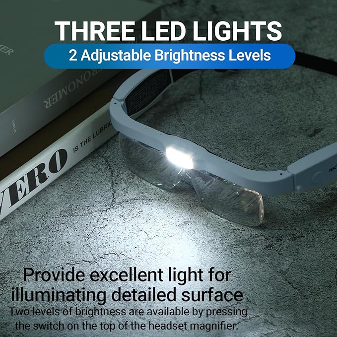 YOCTOSUN Magnifying Glasses for Close Work with 3 LED Lights, Storage Case, Head Strap and 5 Detachable Lenses 0.75X,1.25X,2.0X,3.0X 4.0X, Headset Magnifier for Jewelry, Hobby & Crafts