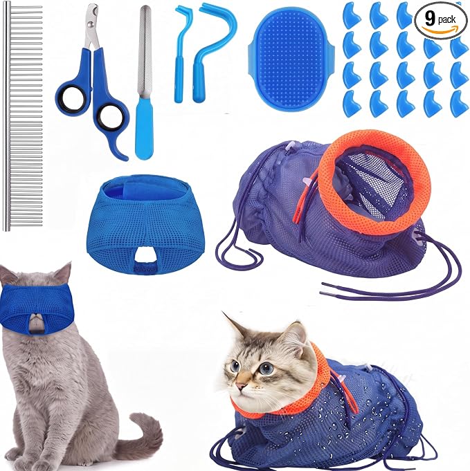 9 Pcs Cat Bathing Bag Set Cat Shower Bag Anti Bite and Scratch for Pet Grooming Washing Brush Comb Muzzle Nail Clipper Nail File Tick Tool (Navy Blue)